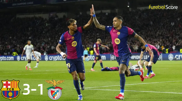 Raphinha e Lamine Yamal brilham, Barça derrota Benfica mais uma vez e avança às quartas da Champions